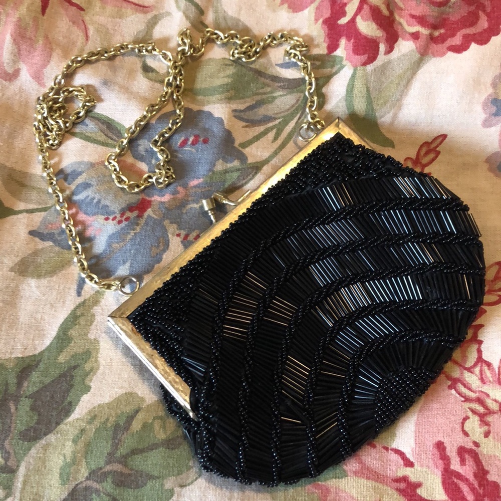 Vintage 50’s Art Deco Hand Beaded In MACAL Black Bead Purse Gold HW Chain Strap